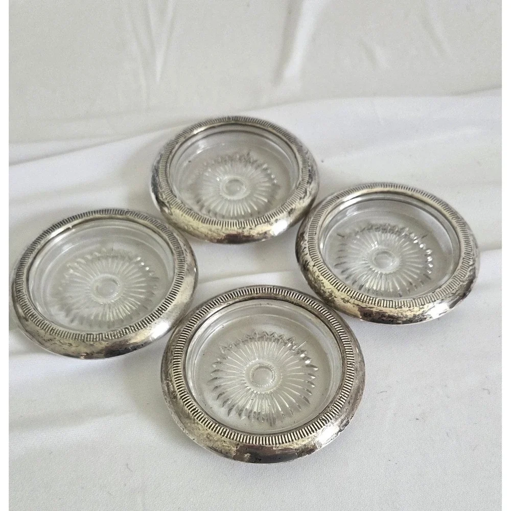 Vintage Set of 4 Starburst Cut Glass Coasters with Silver plated Metal Rims